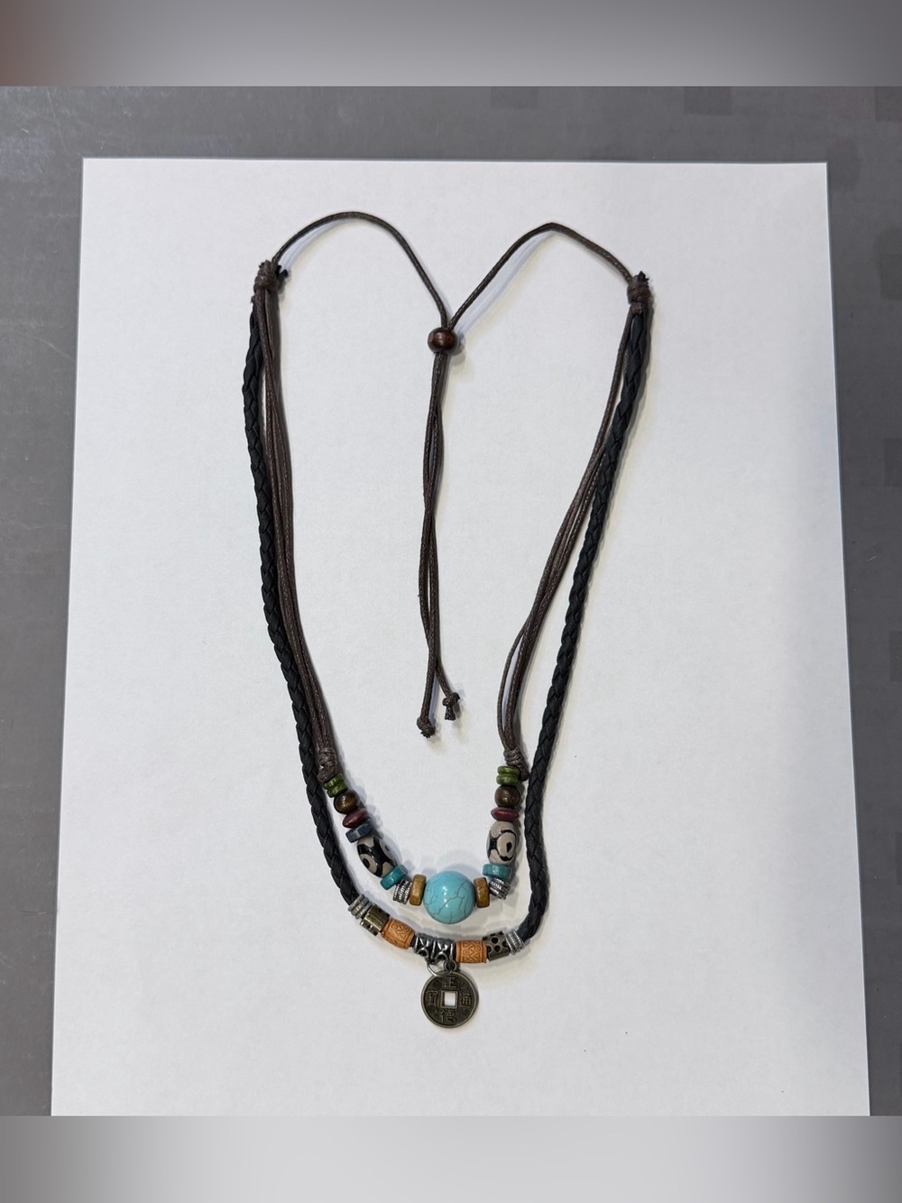 Boho Dzi Eye Bead Necklace Faux Turquoise Chinese Coin Charm
Adjustable Cord